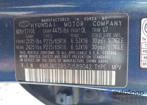 2007 Hyundai Tucson Gls из США, поврежденный, VIN KM8JM12B57U589042